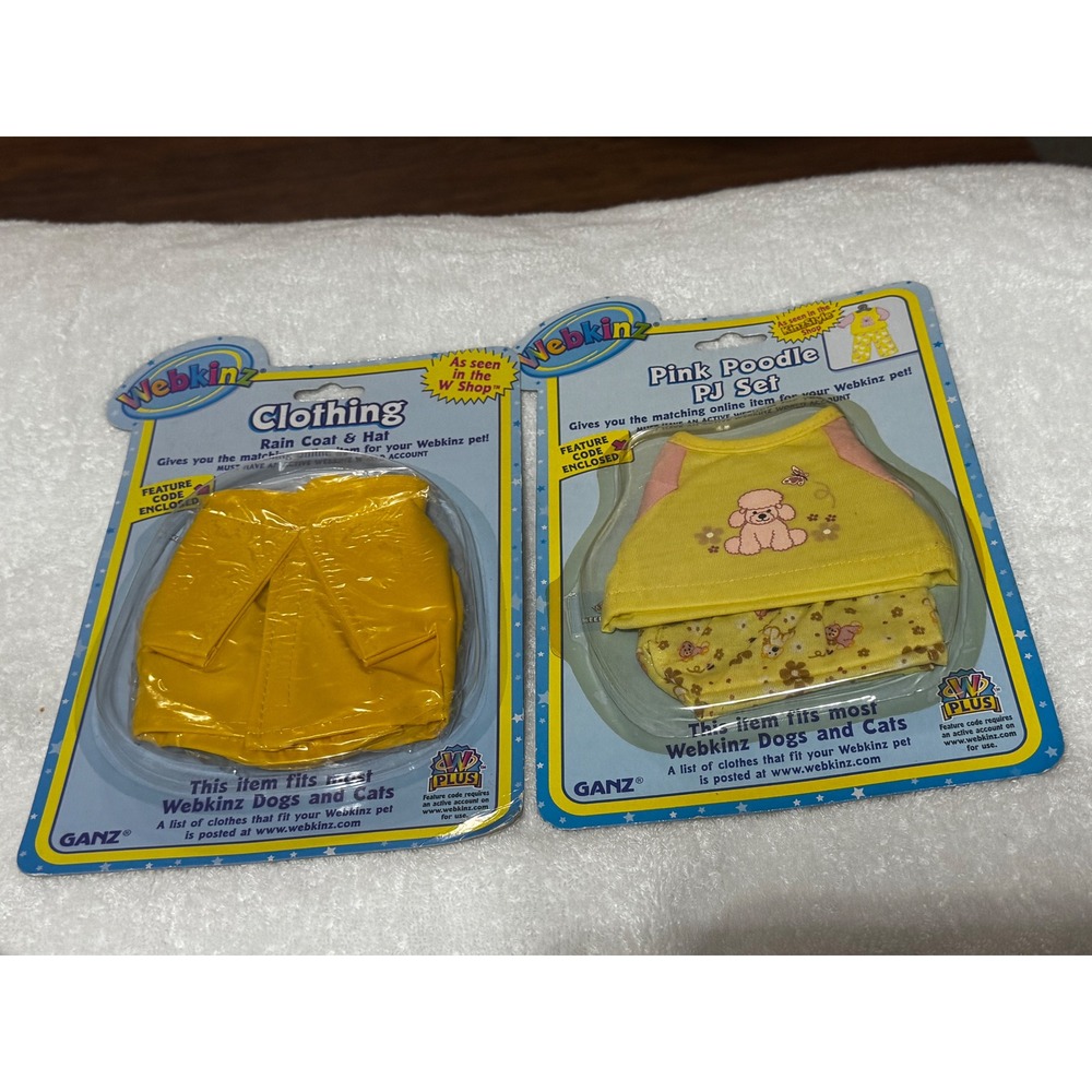 Webkinz‎ Ganz Clothing Lot Pink Poodle PJ Set and Yellow Rain Coat Hat New NIP